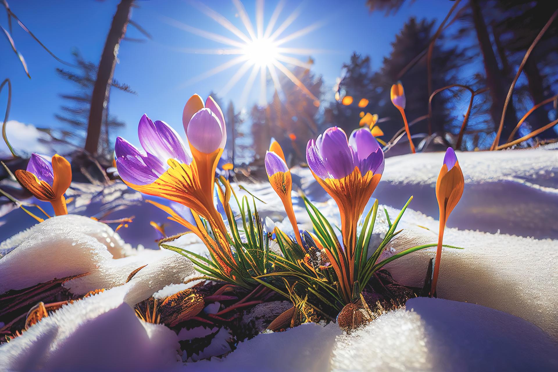 The first spring flowers, crocuses in a forest with snow background also have copy space for text