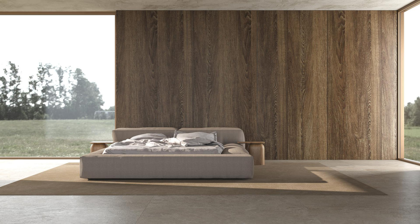 Minimalism modern bedroom interior scandinavian design with wooden wall mock up