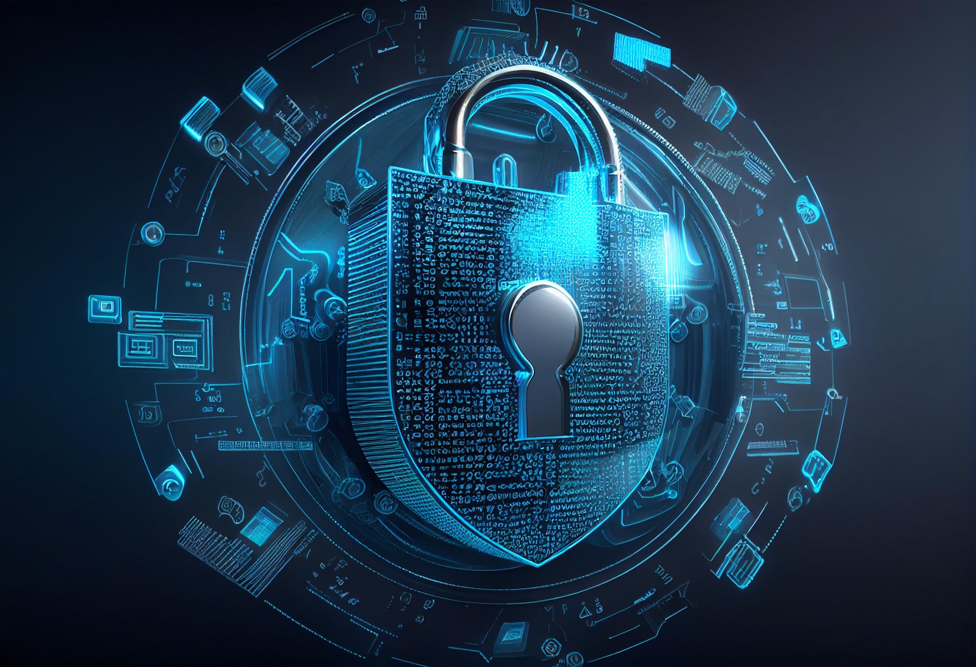 Cyber security concept with padlock on blue background. 3D rendering