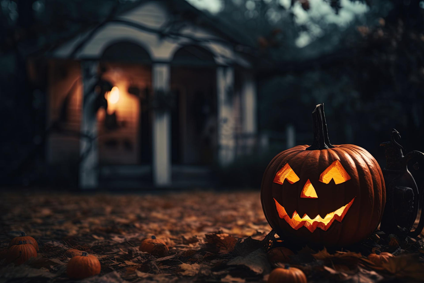 Halloween pumpkins in front of a house at night, Halloween background AI generated