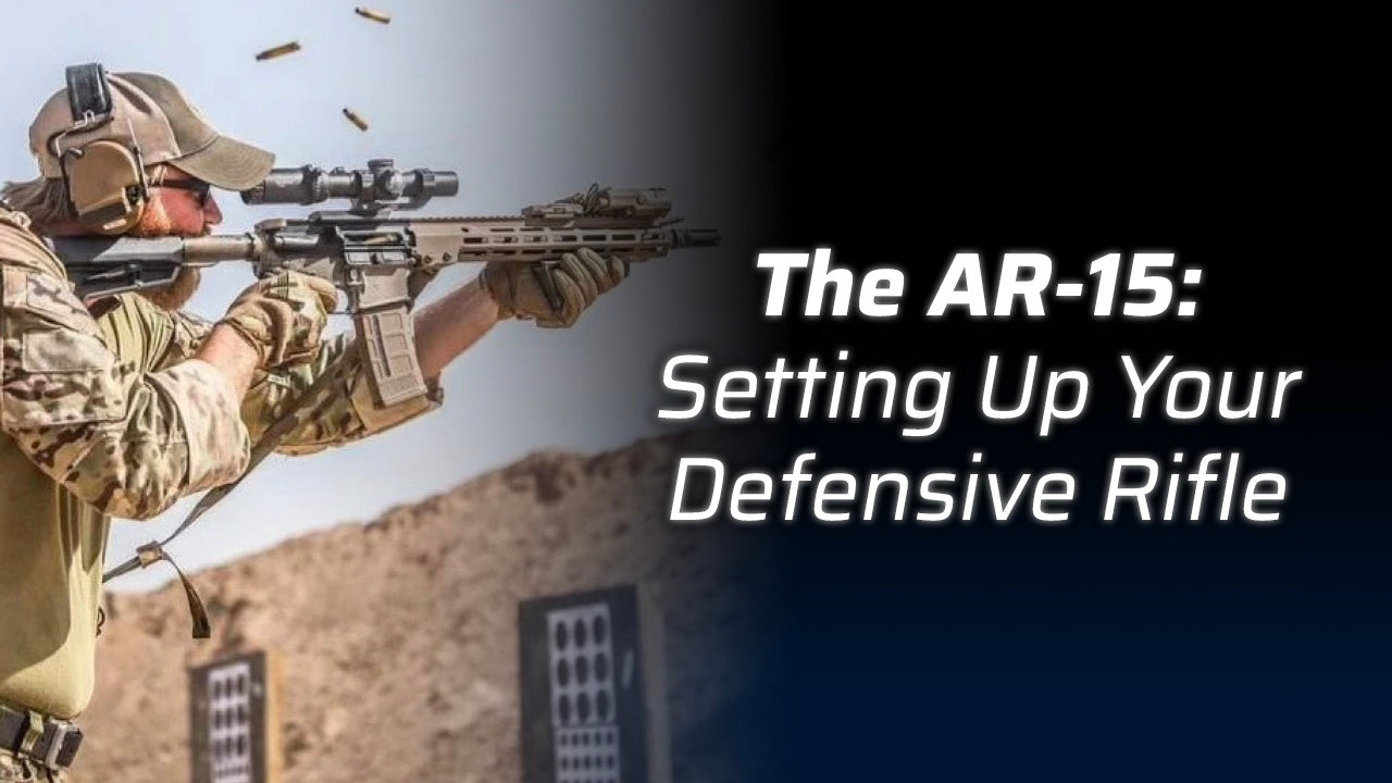 A soldier aiming an AR-15 rifle with instructional text on setting it up.