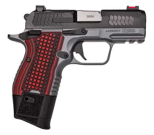 Semi-automatic pistol with a black and red grip design.