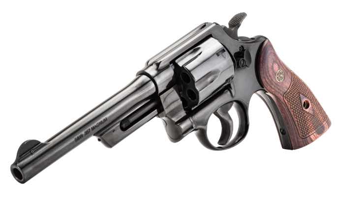 A shiny revolver with a wooden grip, angled to the right.
