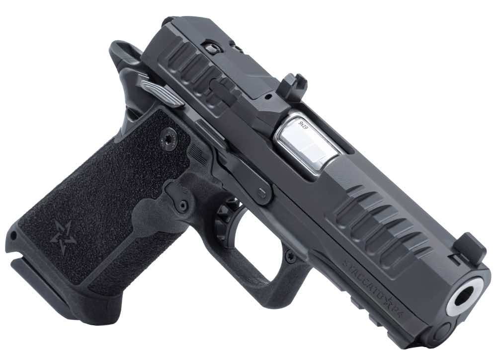 Black semi-automatic handgun on a white background.