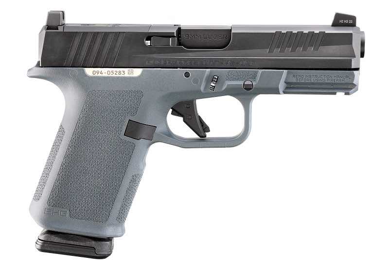RUGER RXM with a gray grip and black slide, displayed sideways.
