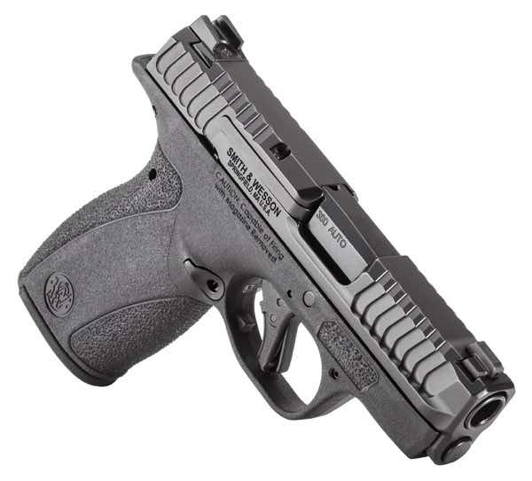 A black semi-automatic handgun on a white background.