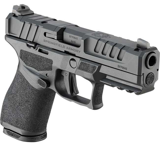 A black semi-automatic handgun on a white background.
