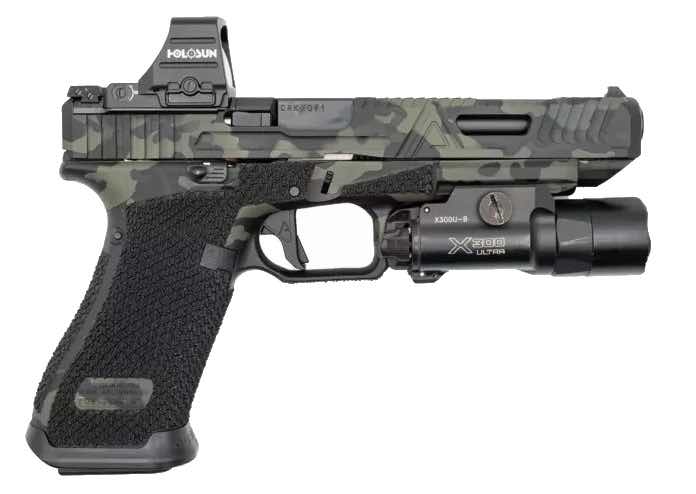 A handgun with a camouflage pattern and attached flashlight.