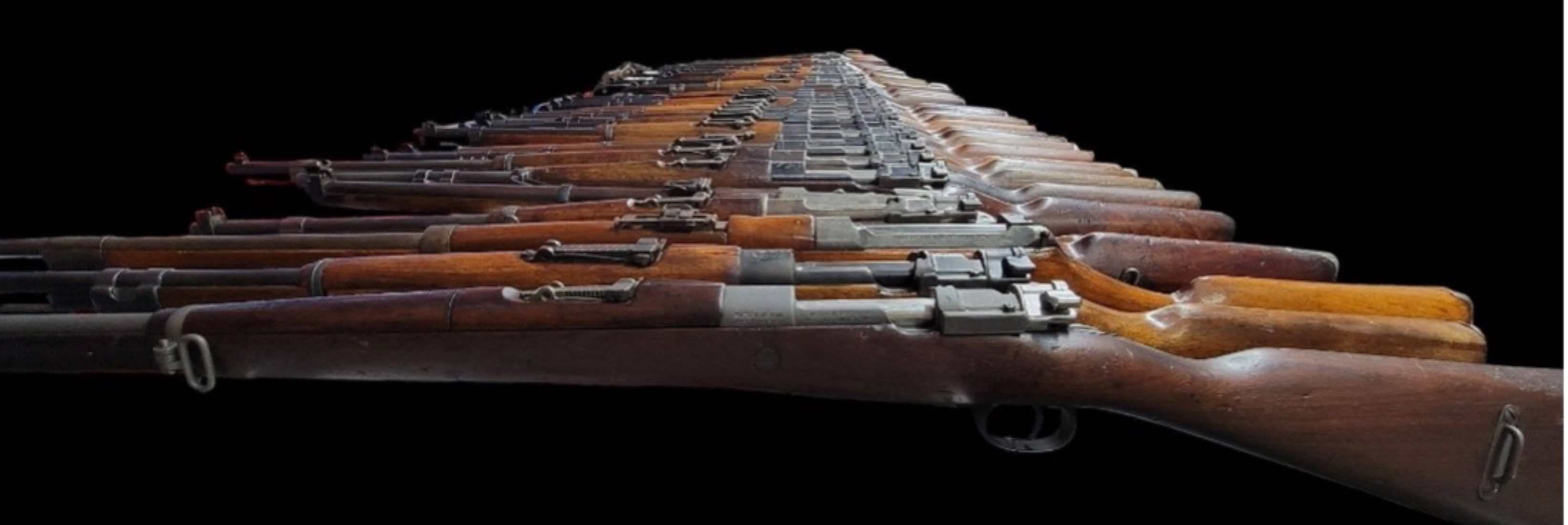 A row of rifles displayed on a dark background.