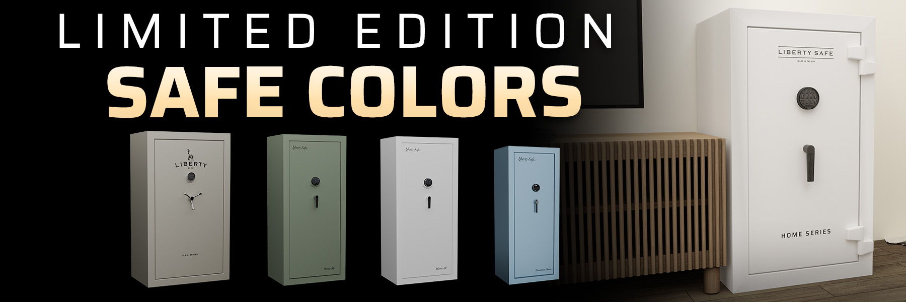 Limited edition safes in various colors displayed against a background.