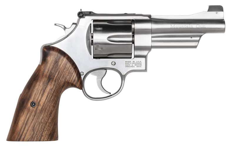 A stainless steel revolver with a wooden grip.
