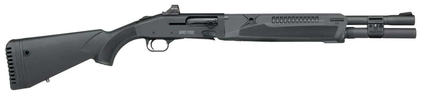 A black shotgun with a wooden stock and a tactical design.
