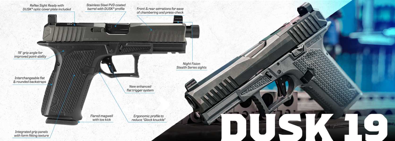 Comparison of two handguns labeled 