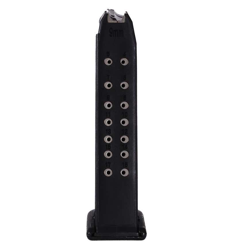 Black magazine with holes for bullets, standing upright on a white background.