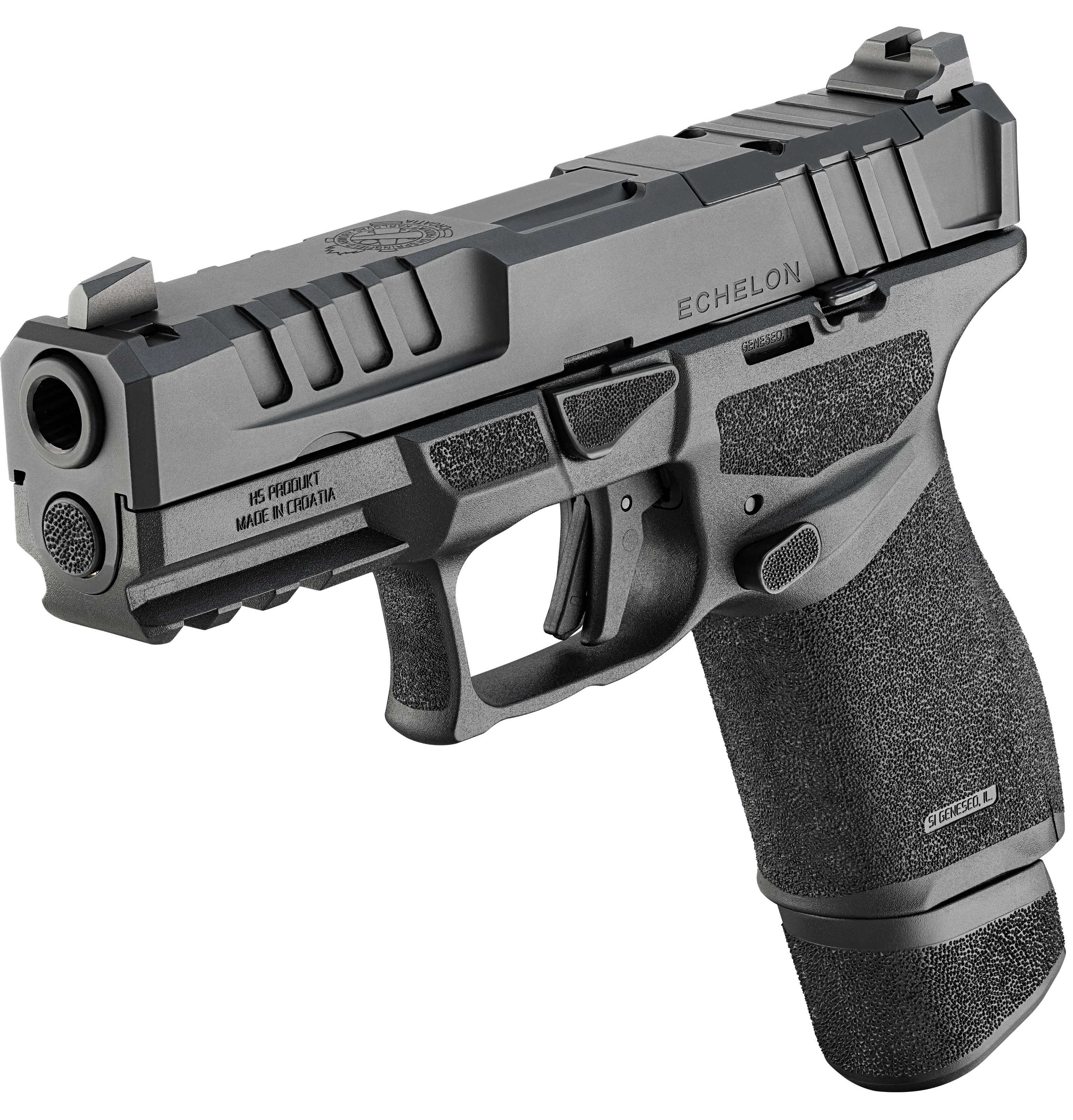 A black semi-automatic handgun with textured grip and accessory rail.