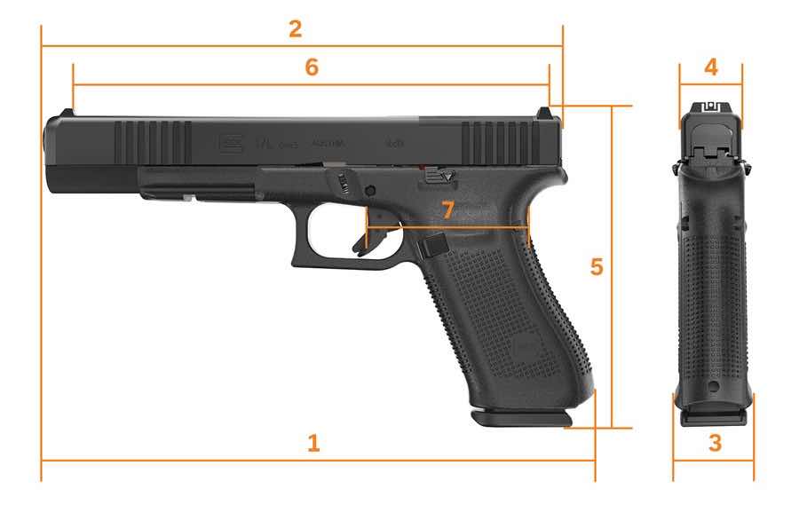 A black handgun with measurements displayed beside it.