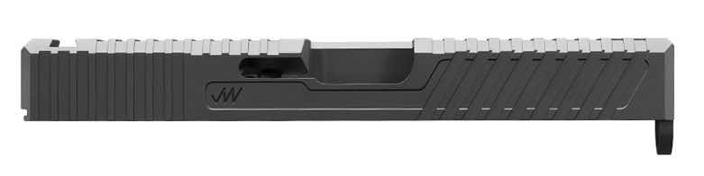 Black firearm slide with serrated edges and ejection port.