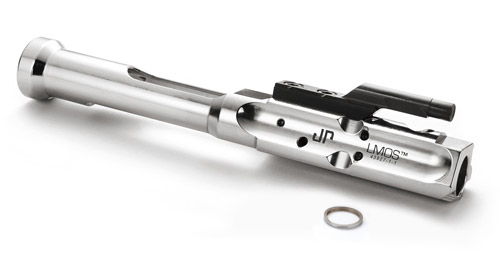 Silver firearm bolt carrier group with small metal ring.