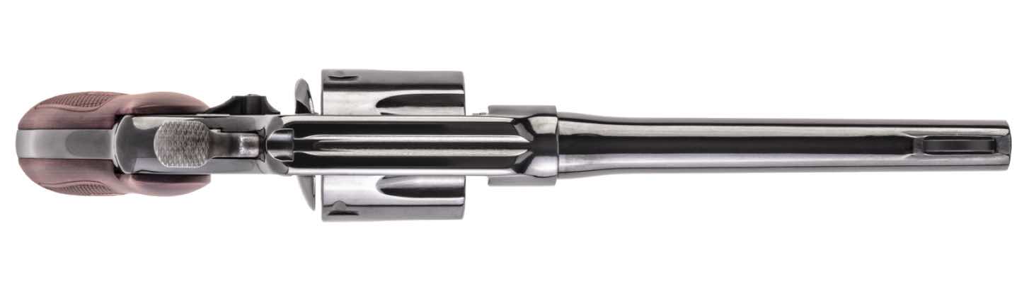 A metallic revolver viewed from above.