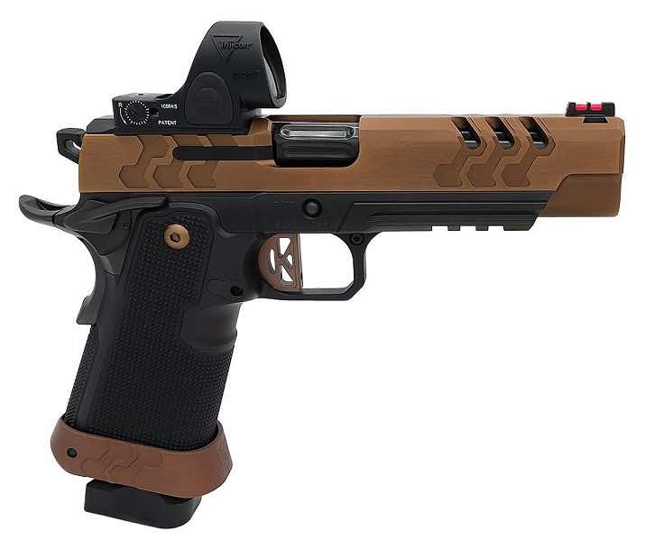 A semi-automatic handgun with a red dot sight and brown accents.