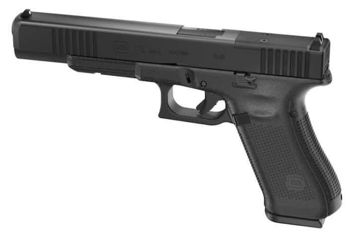 A black semi-automatic pistol on a white background.