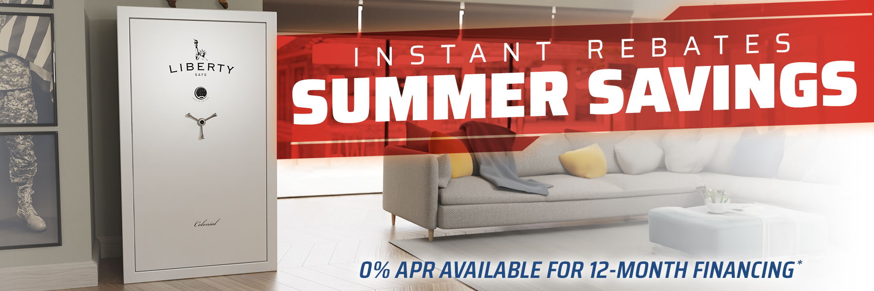 Instant rebates and summer savings advertisement with a refrigerator in the background.