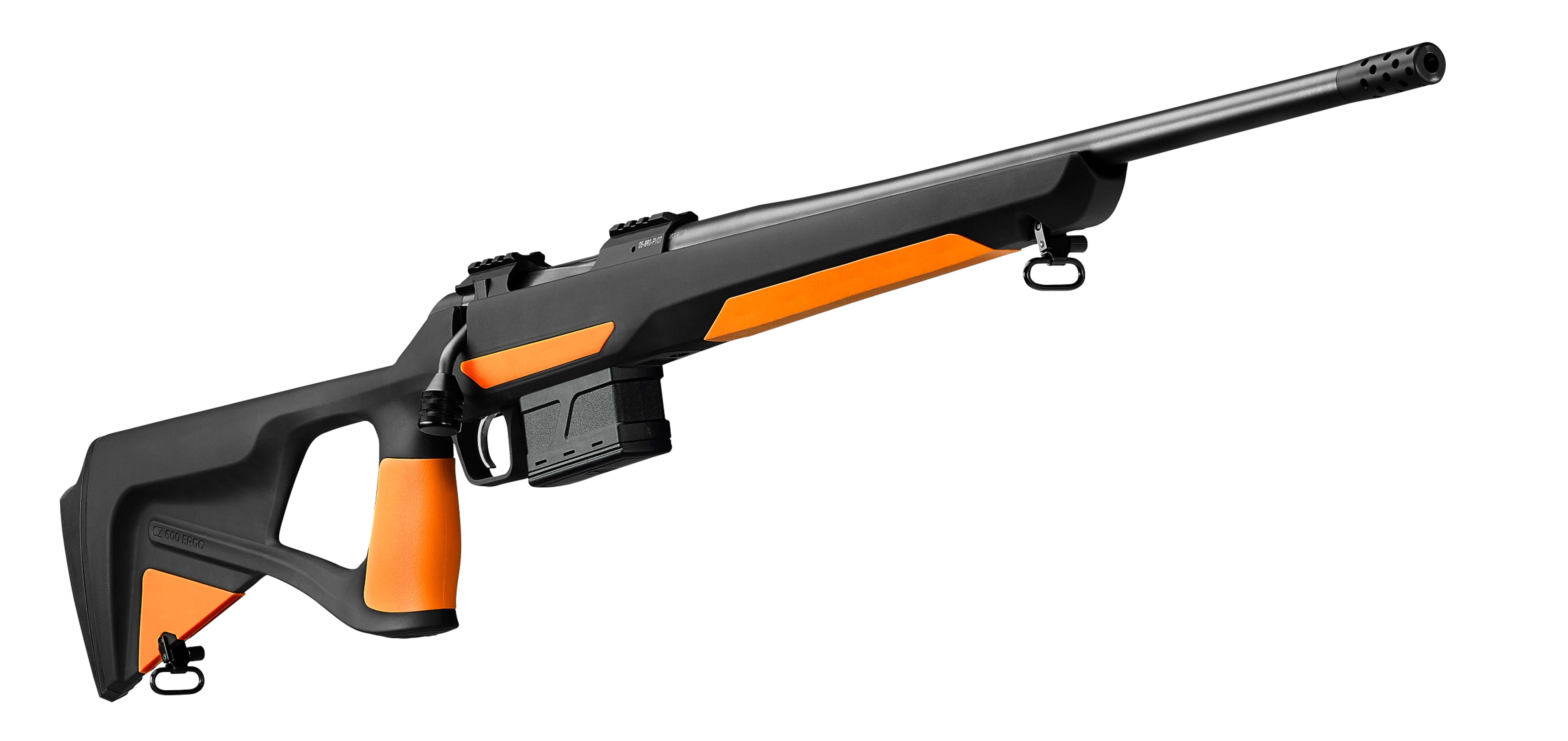 Black and orange hunting rifle with a long barrel and ergonomic design.