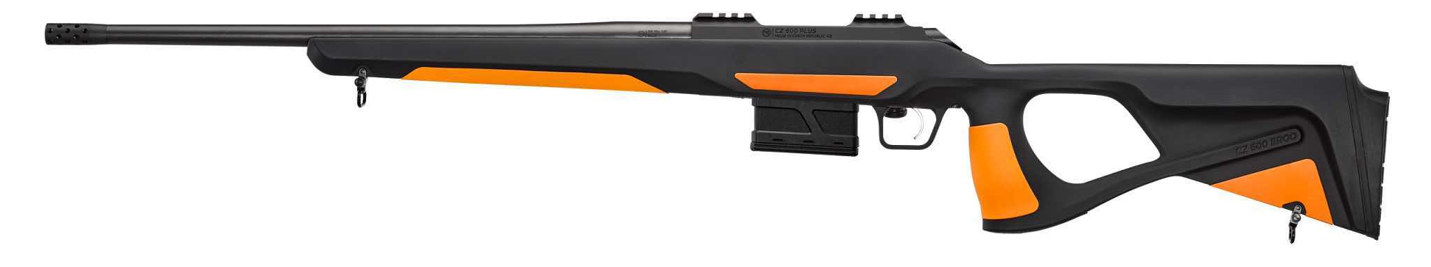 A black and orange rifle displayed on a white background.