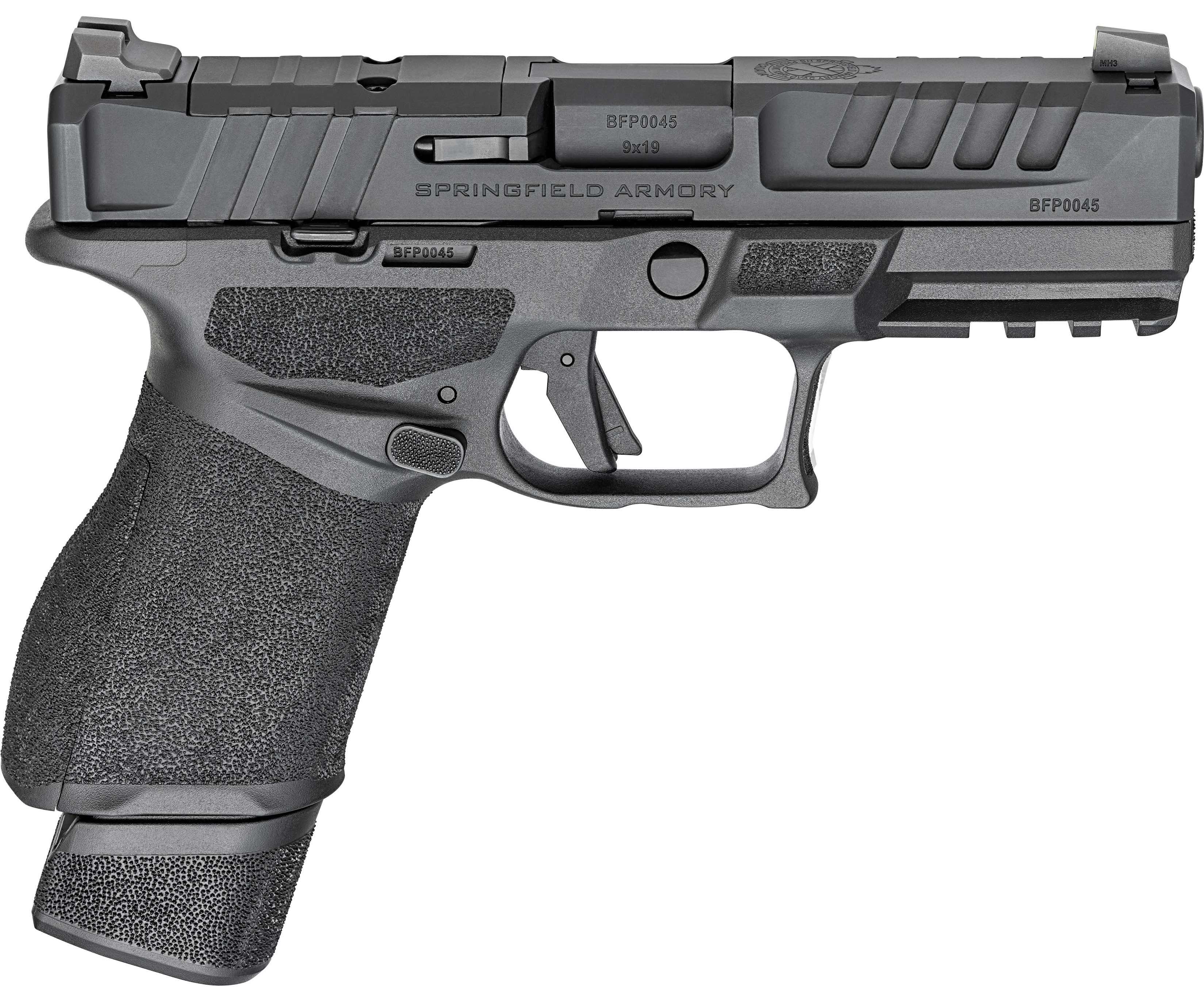 A black semi-automatic handgun on a white background.