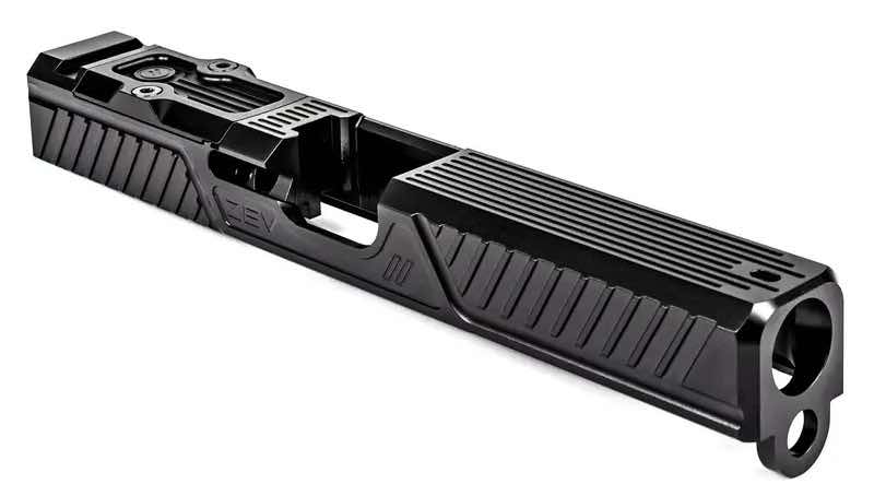 A black firearm slide on a white background.