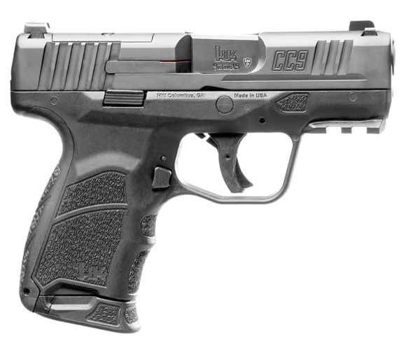 A black semi-automatic pistol viewed from the side.