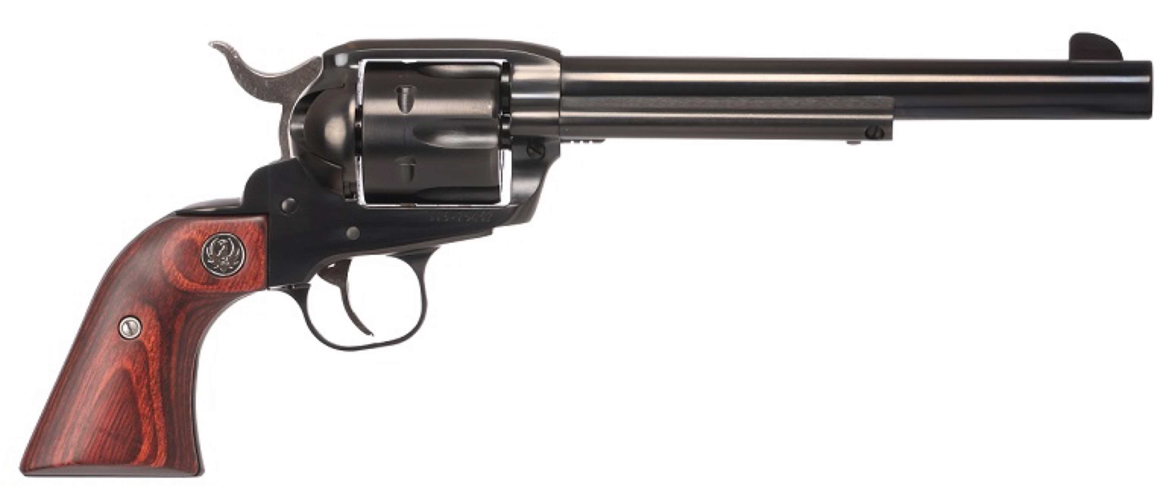 A vintage revolver with a wooden grip and a black finish.