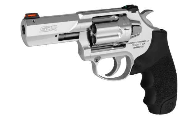 Silver revolver with black grip, angled to the right.