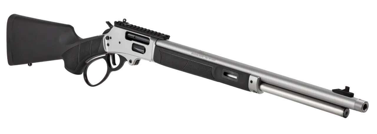 A silver and black lever-action rifle on a white background.