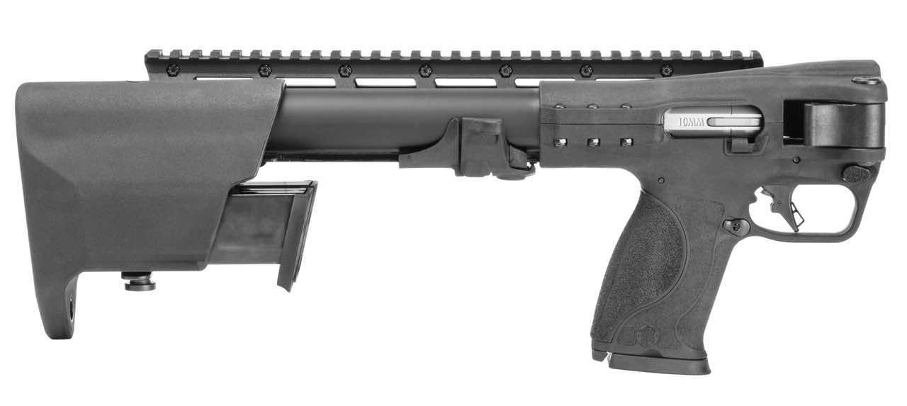 Black firearm with a tactical design and rail system.