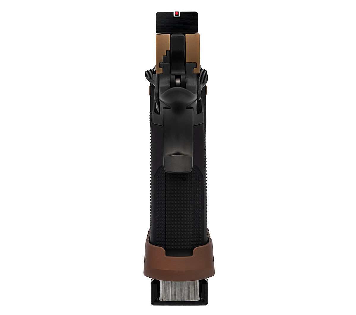 A black and brown handgun viewed from the front.
