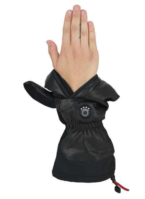 A hand wearing a black protective glove with adjustable wrist.
