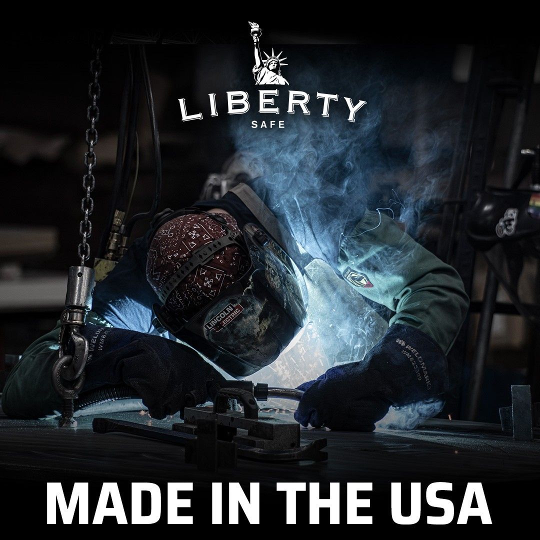 Welder working with sparks, text reads 
