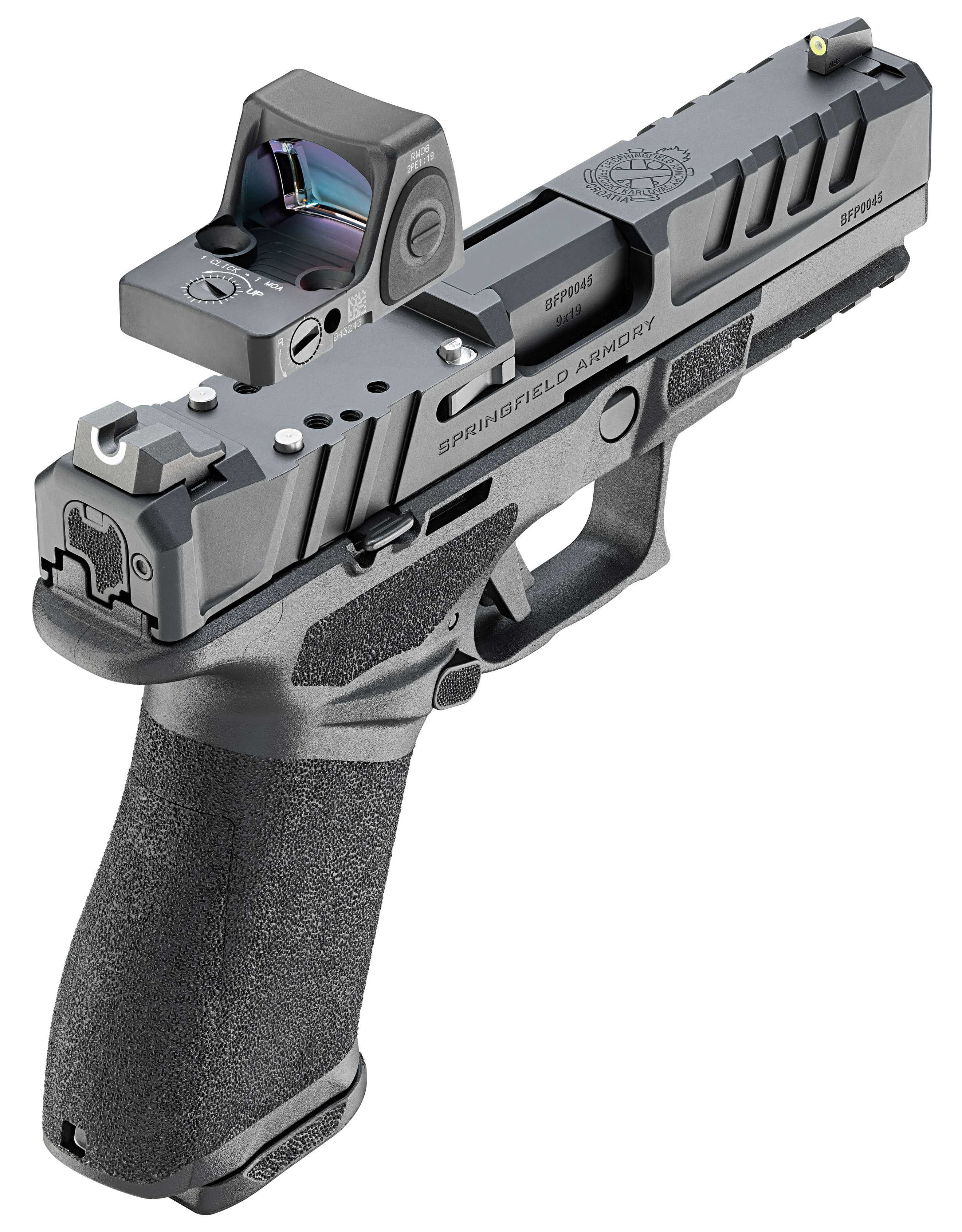 A semi-automatic pistol with a reflex sight mounted on top.