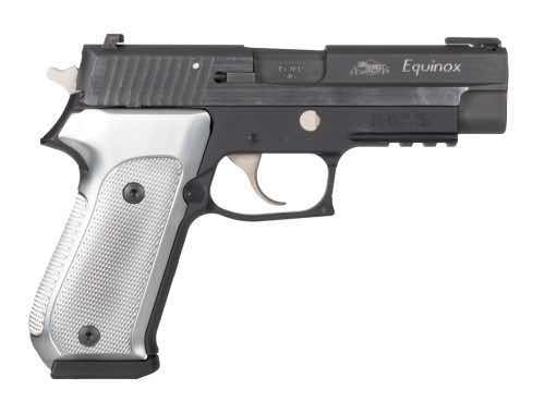 A semi-automatic pistol with a black and silver design.