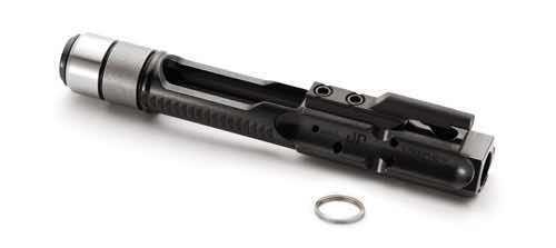 A disassembled firearm bolt carrier group with a retaining ring.