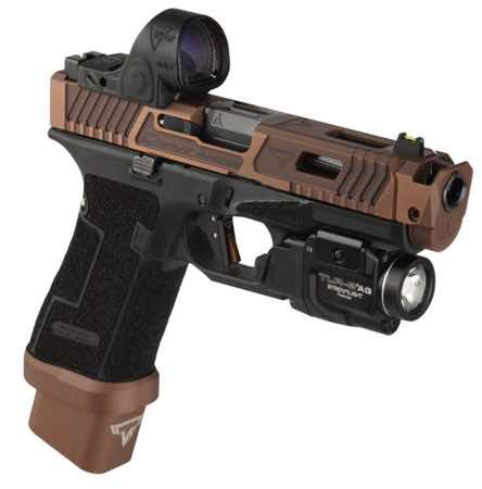 A tactical handgun with a red dot sight and flashlight attachment.