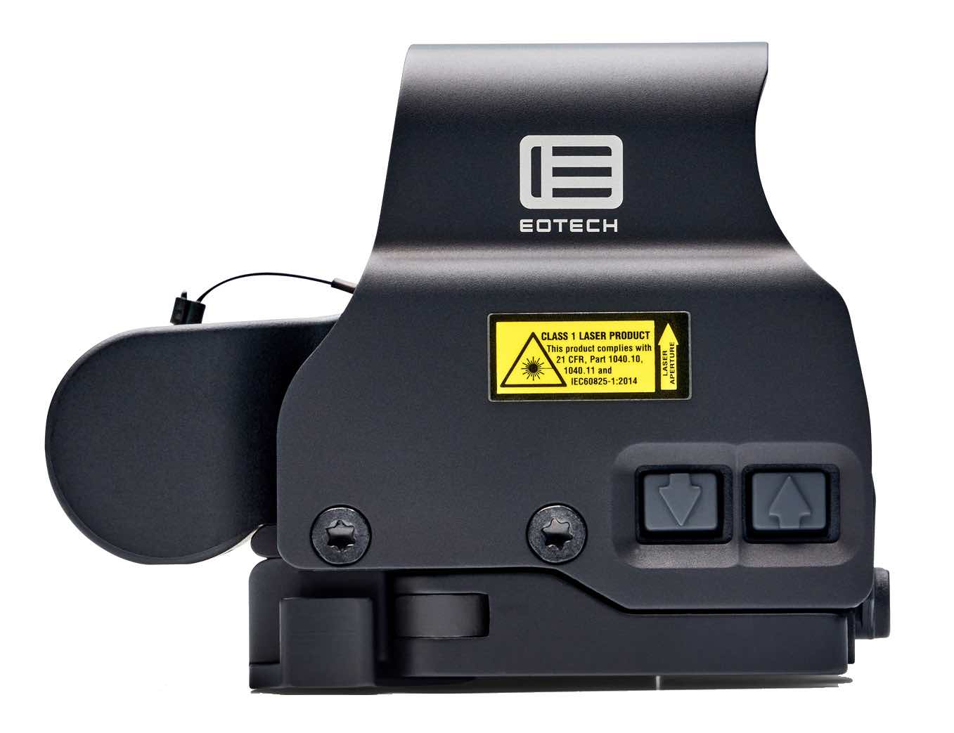 EOTech holographic sight with buttons and warning label.