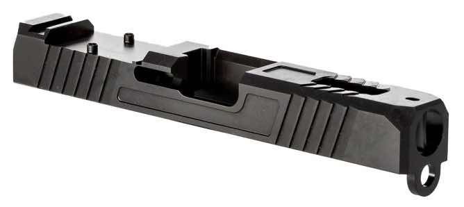 Black firearm slide with textured grip and mounting points.