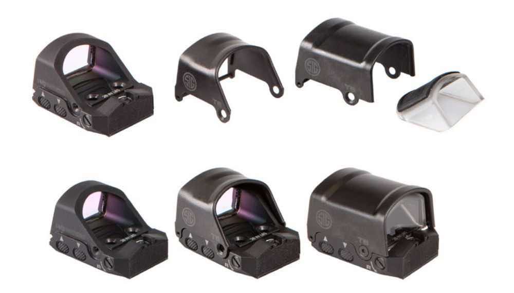 Different types of firearm red dot sight housings displayed from various angles.