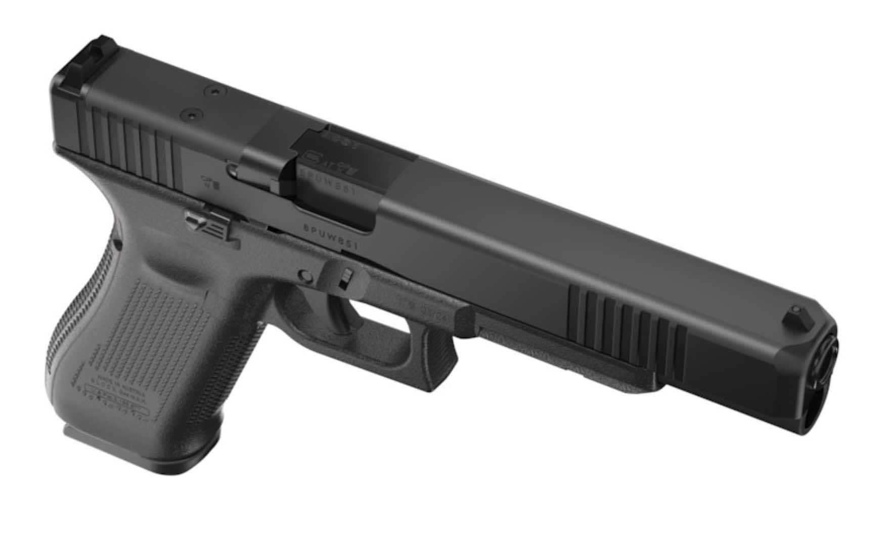 A black semi-automatic handgun displayed at an angle.