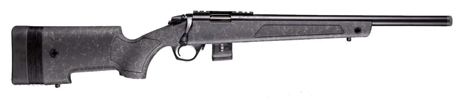 A black bolt-action rifle with a long barrel and a tactical stock.