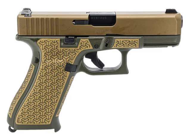 A custom Glock pistol with a tan slide and green grip.