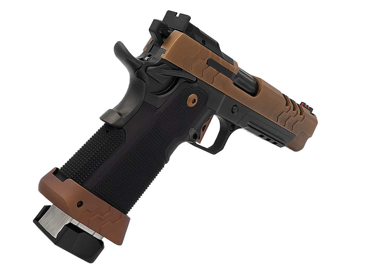 A semi-automatic handgun with a black and brown design.