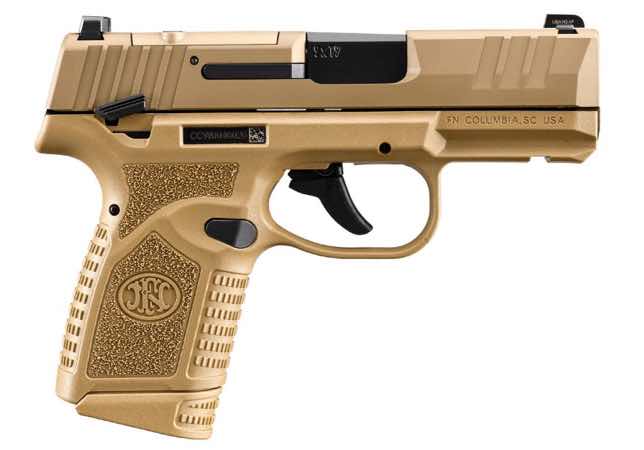 A tan semi-automatic handgun with textured grip and slide.